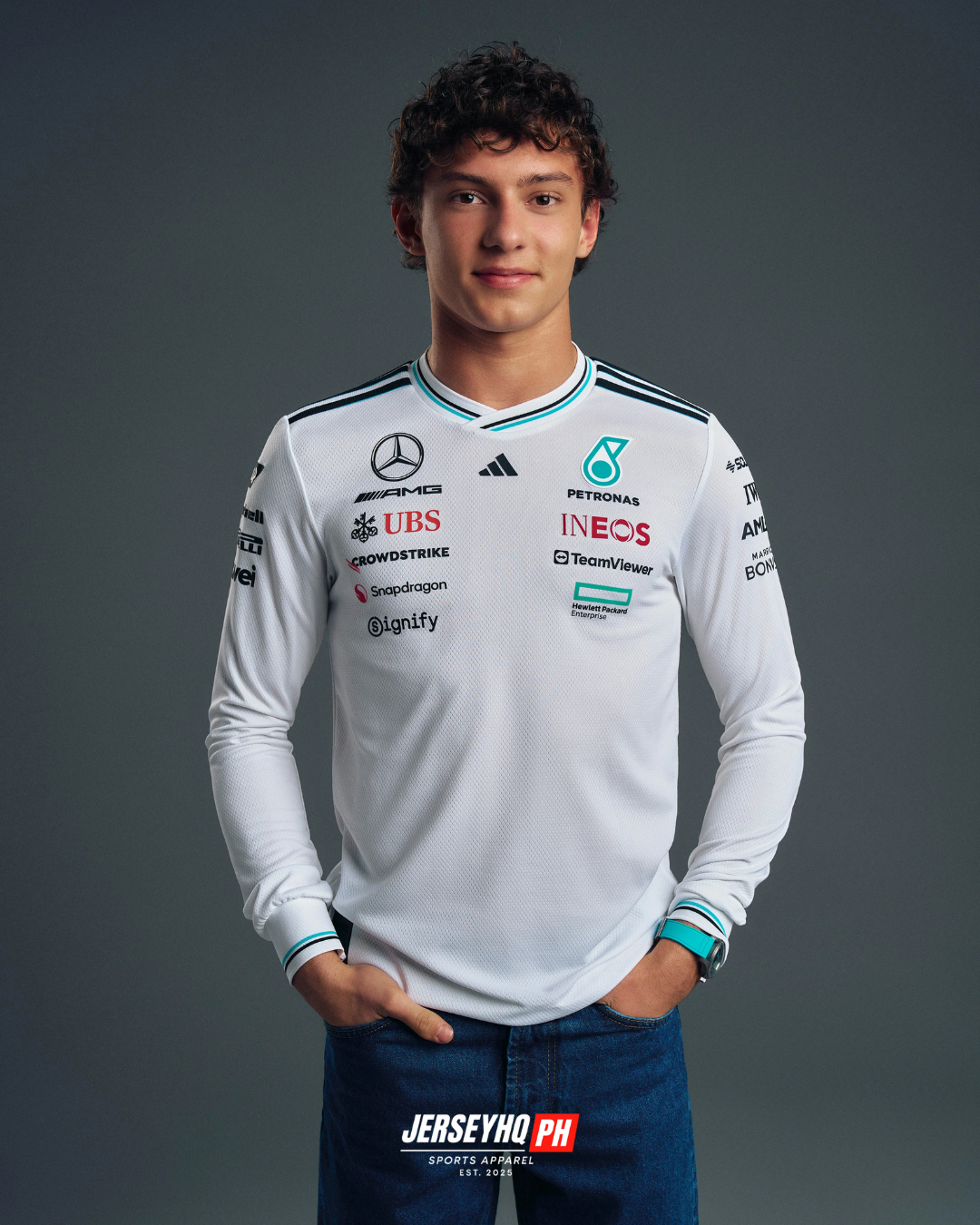 Mercedes AMG Petronas F1 2025 Team Driver  Long Sleeve T-Shirt - White